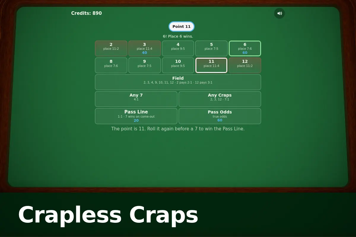Crapless Craps game screen