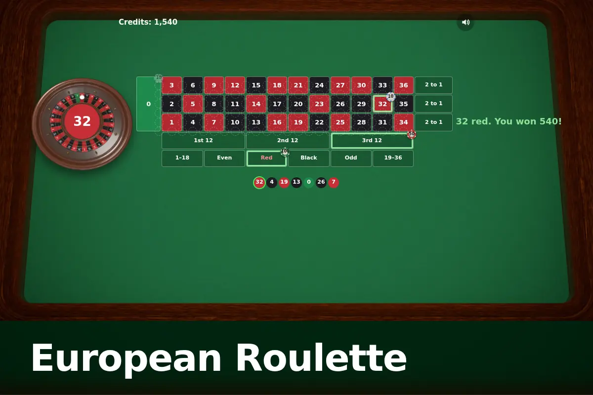 European Roulette game screen