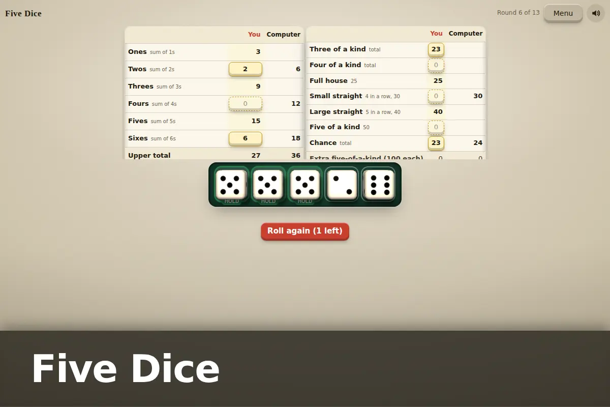 Five Dice game screen