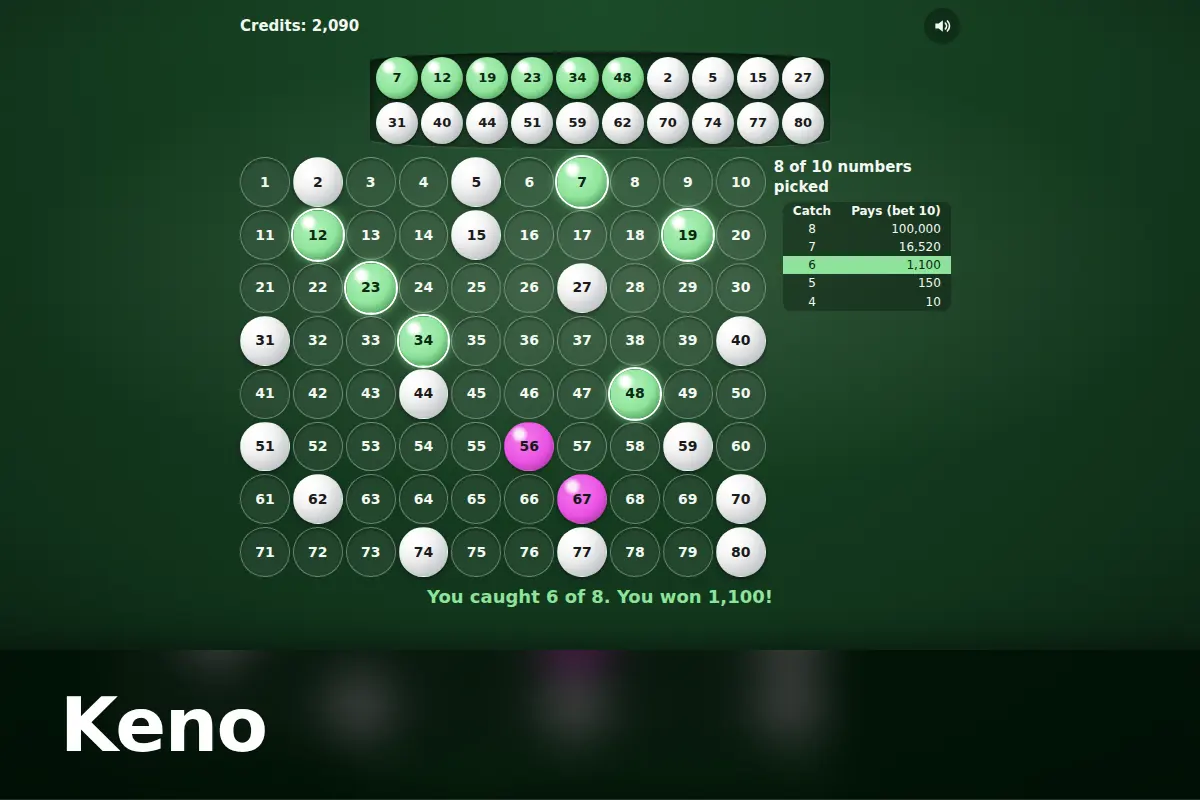 Keno game screen