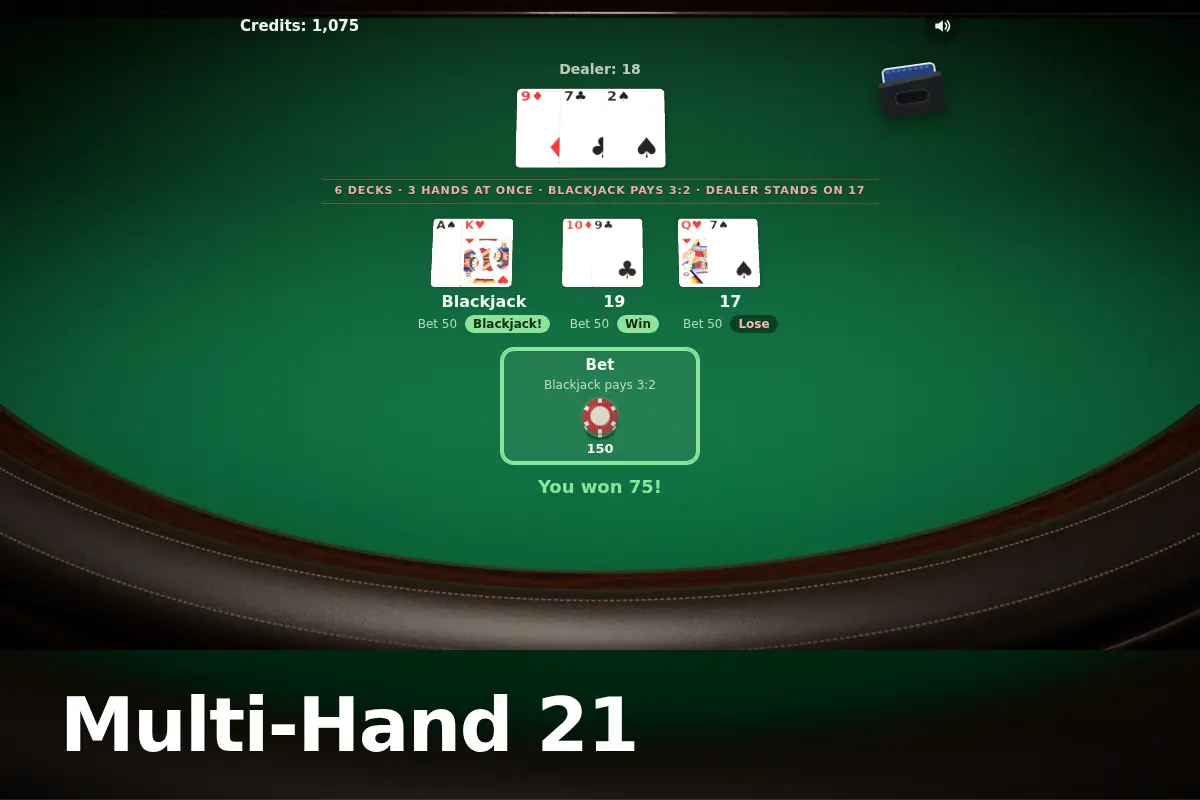 Multi-Hand 21 game screen