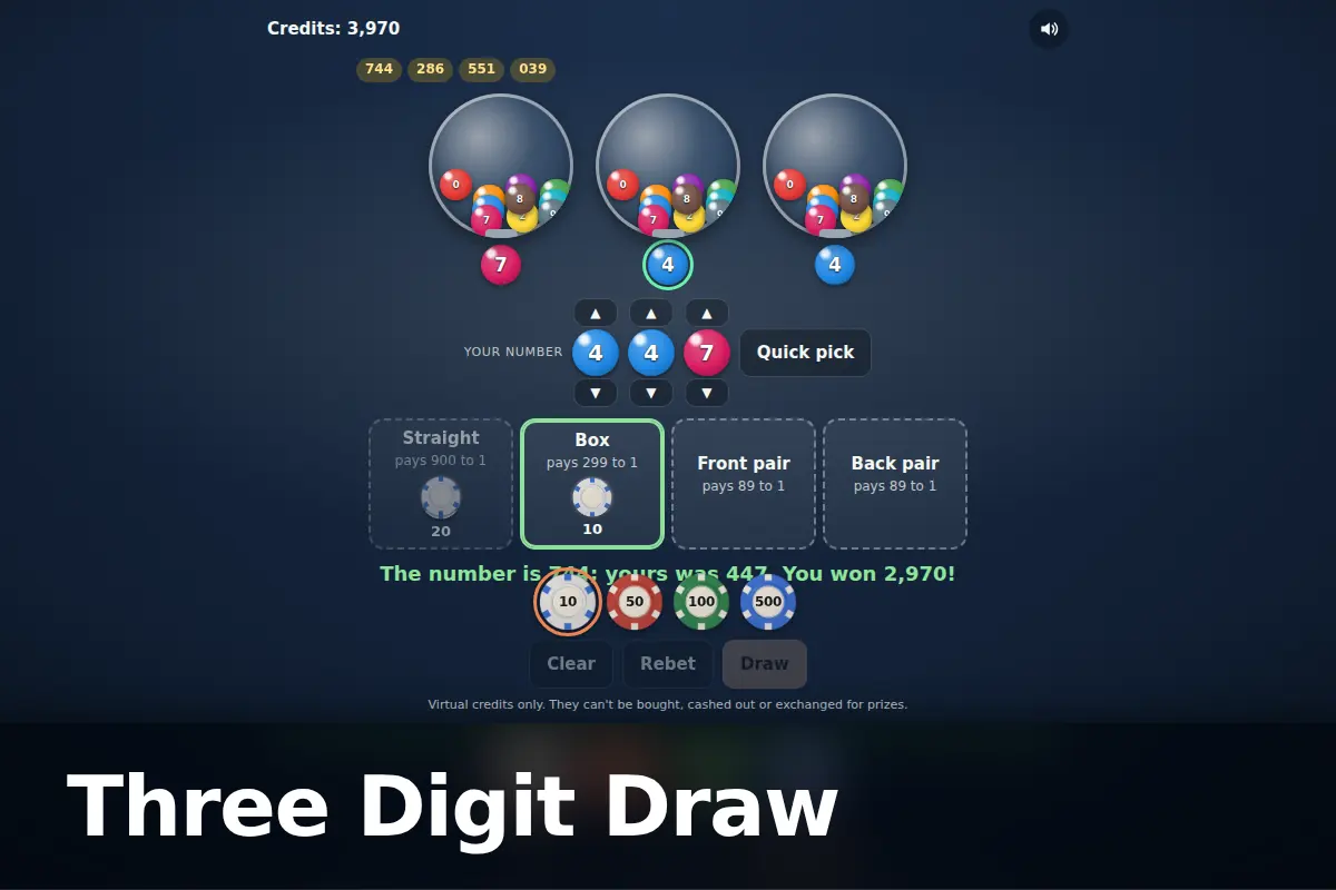 Three Digit Draw game screen