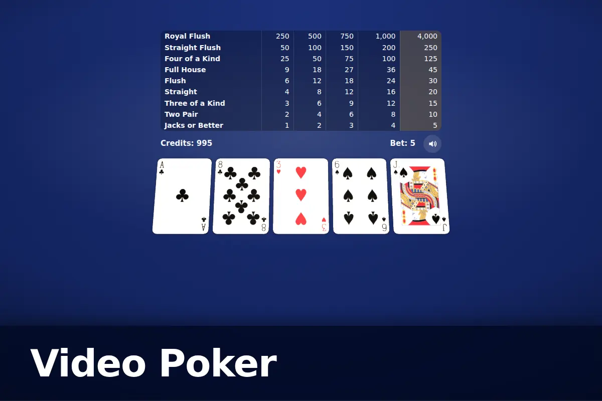 Video Poker (Jacks or Better) game screen
